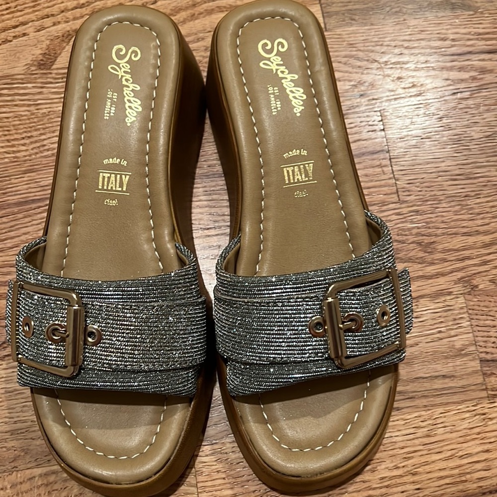 Sandals size 6 tan and silver and gold never worn